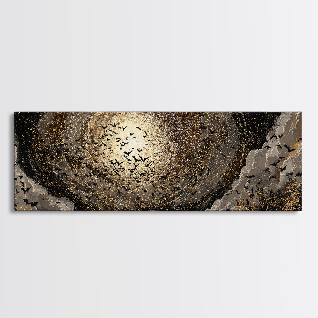 The Golden Bat Swarm - Surreal Celestial Vision, Gothic Home Decor, Extra Wide Wall Art, Canvas Print, Halloween Home Decor, Gothic Wall Art