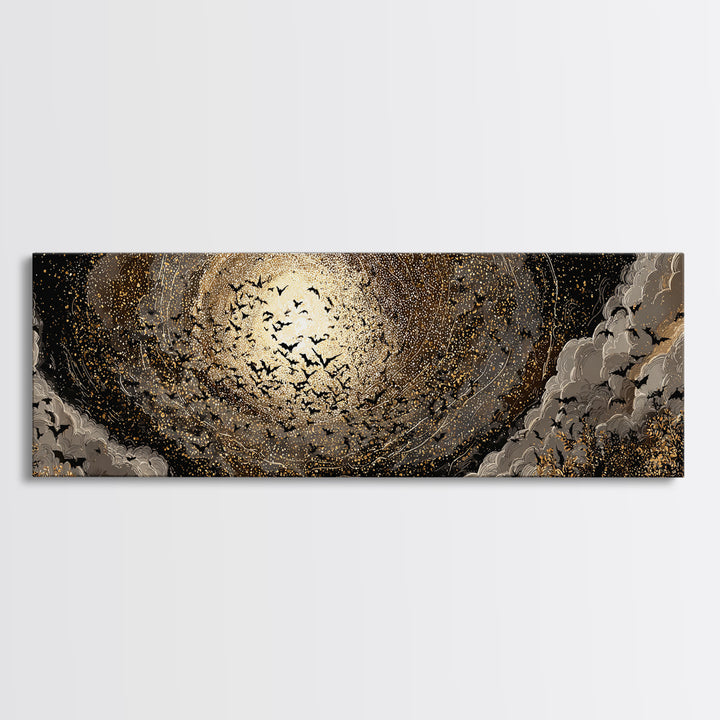 The Golden Bat Swarm - Surreal Celestial Vision, Gothic Home Decor, Extra Wide Wall Art, Canvas Print, Halloween Home Decor, Gothic Wall Art