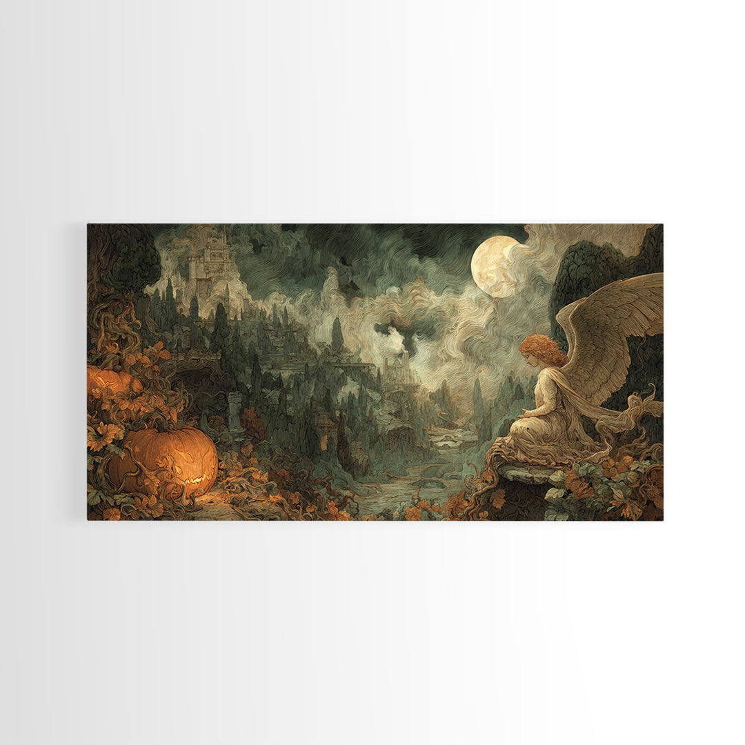 The Pumpkin-Winged Angel - Environmental Panorama, Dark Fantasy Wall Art, Wide Panoramic Art, Canvas Print, Halloween Home Decor