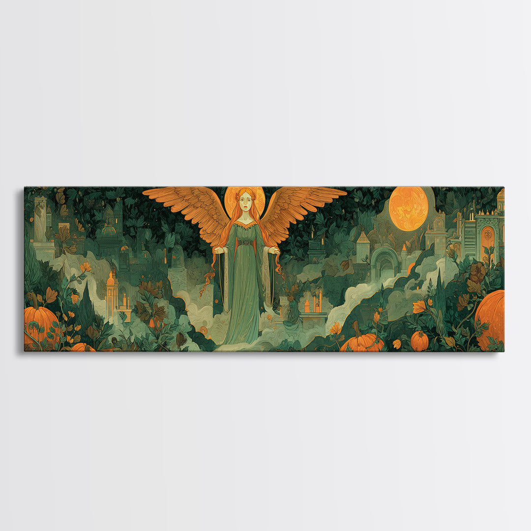 The Pumpkin-Winged Angel - Environmental Panorama, Occult Wall Decor, Extra Wide Wall Art, Canvas Print, Halloween Home Decor