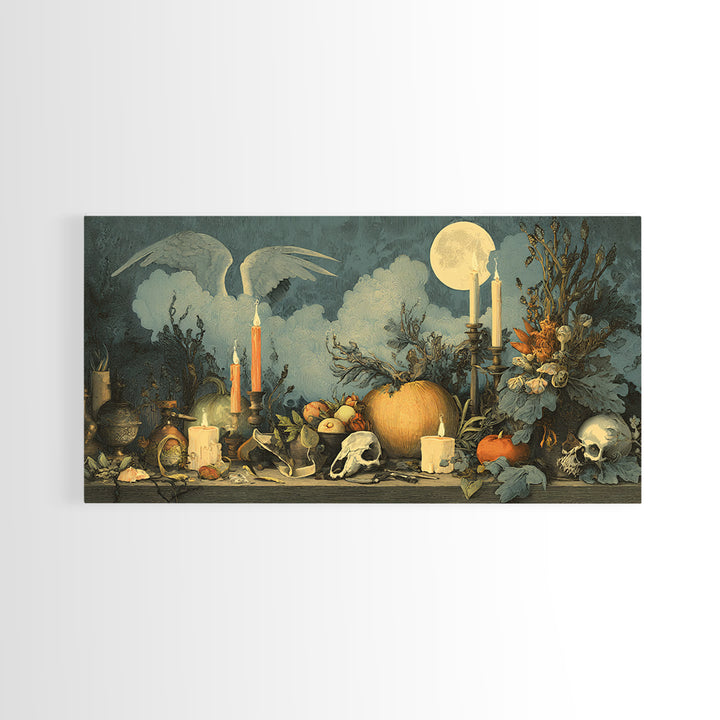 The Pumpkin-Winged Angel - Occult Still Life, Spooky Wall Decor, Wide Panoramic Art, Framed Canvas Print, Halloween Home Decor