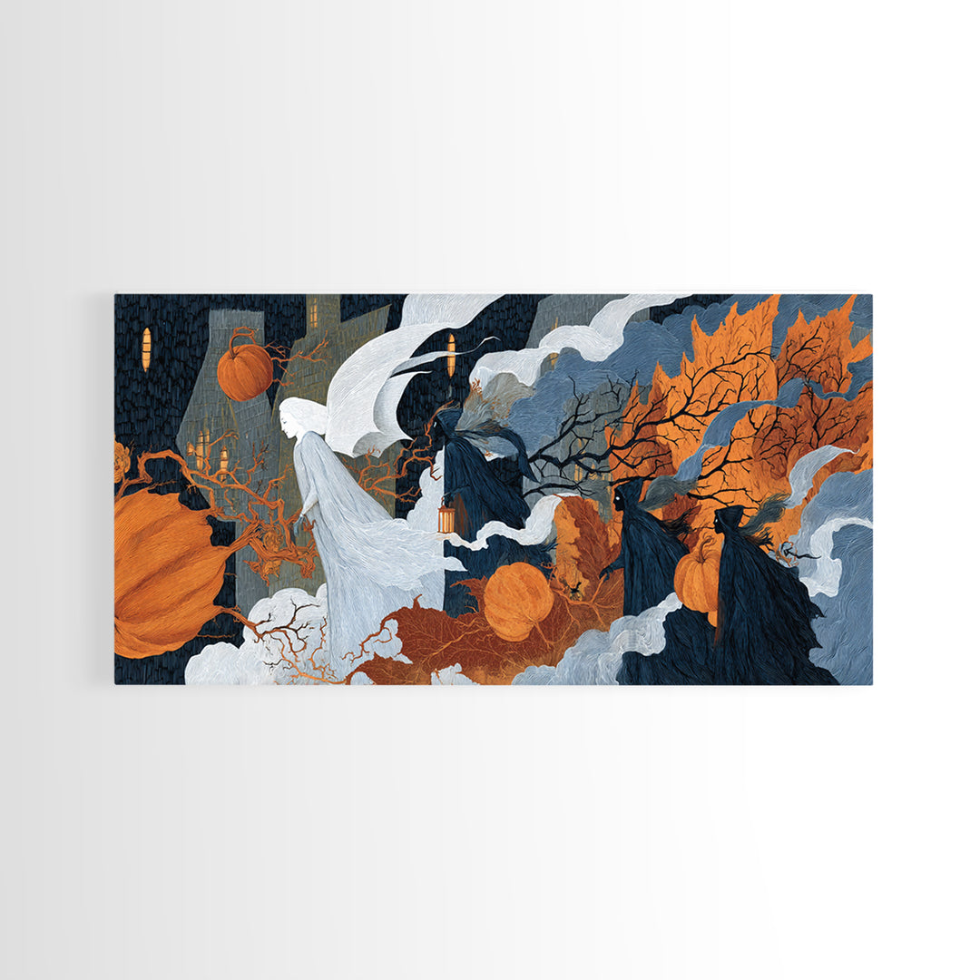 The Pumpkin-Winged Angel - Procession Scene, Macabre Halloween Art, Wide Panoramic Art, Framed Canvas Print, Halloween Home Decor