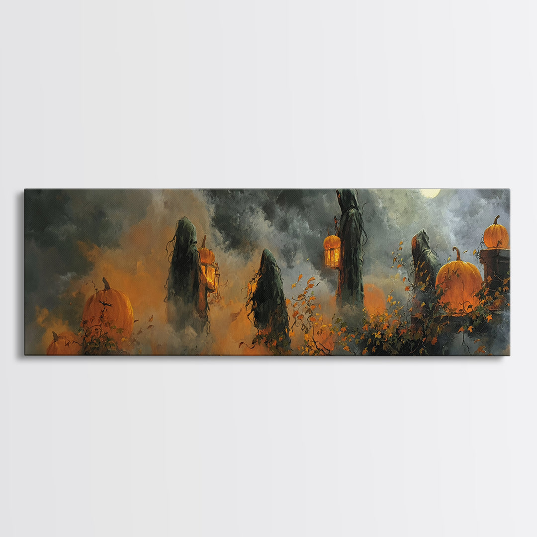 The Pumpkin-Winged Angel - Procession Scene, Macabre Halloween Art, Extra Wide Wall Art, Framed Canvas Print, Halloween Home Decor
