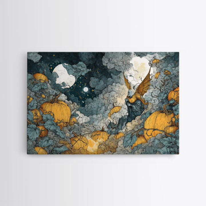 The Pumpkin-Winged Angel - Surreal Celestial Vision, Spooky Wall Decor, Landscape Wall Art, Framed Canvas Print, Halloween Home Decor