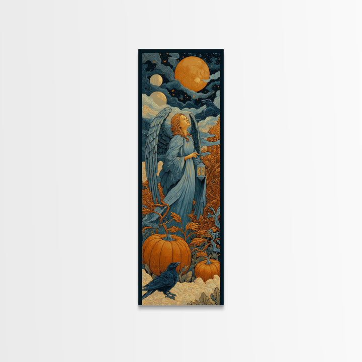 The Pumpkin-Winged Angel - Surreal Celestial Vision, Spooky Wall Decor, Tall Narrow Wall Art, Framed Canvas Print, Halloween Home Decor