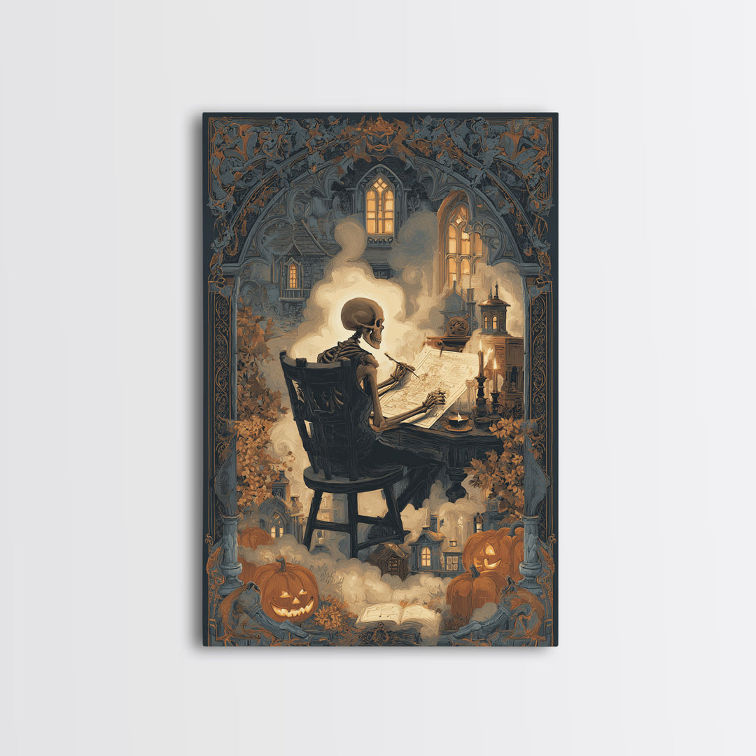 The Skeleton Cartographer - Icon Portrait, Halloween Wall Art, Vertical Wall Art, Framed Canvas Print, Halloween Home Decor, Gothic Wall Art