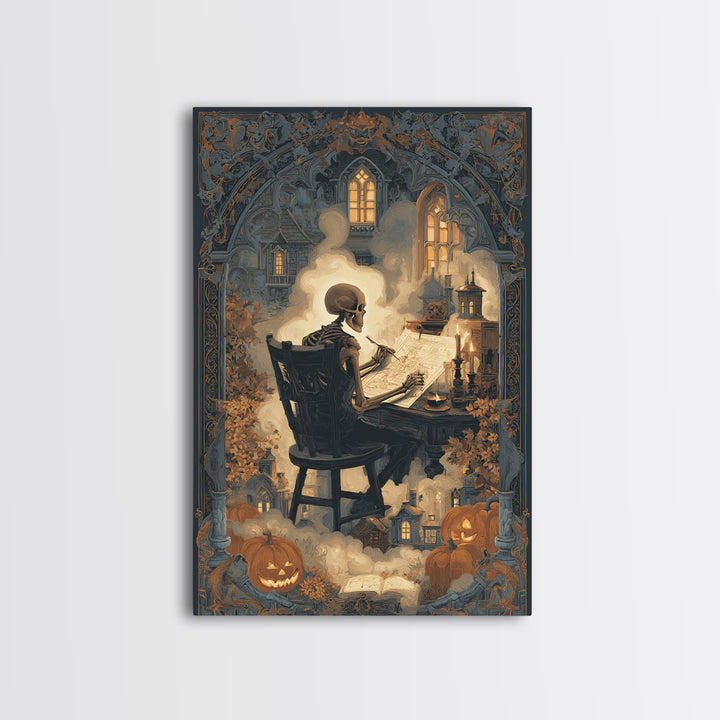 The Skeleton Cartographer - Icon Portrait, Halloween Wall Art, Vertical Wall Art, Framed Canvas Print, Halloween Home Decor, Gothic Wall Art
