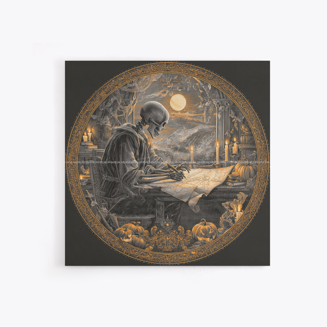 The Skeleton Cartographer - Icon Portrait, Macabre Halloween Art, Square Wall Art, Framed Canvas Print, Halloween Home Decor
