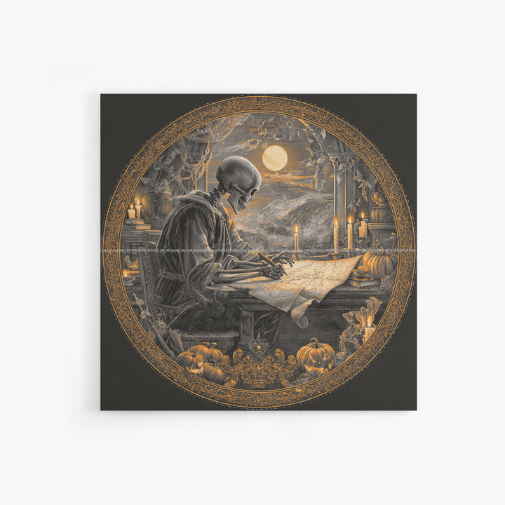 The Skeleton Cartographer - Icon Portrait, Macabre Halloween Art, Square Wall Art, Framed Canvas Print, Halloween Home Decor