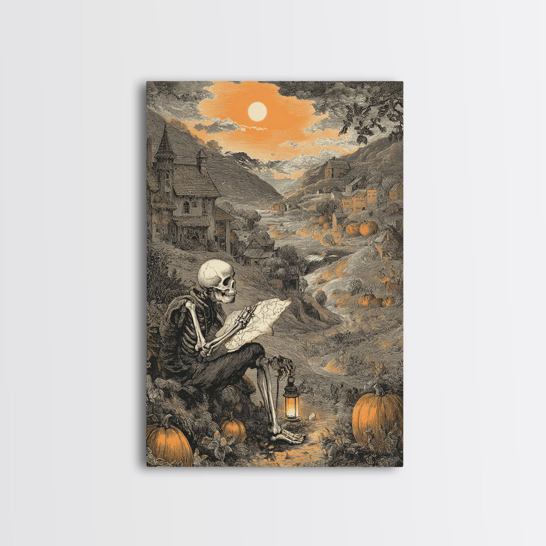 The Skeleton Cartographer - Environmental Panorama, Gothic Home Decor, Vertical Wall Art, Canvas Print, Halloween Home Decor