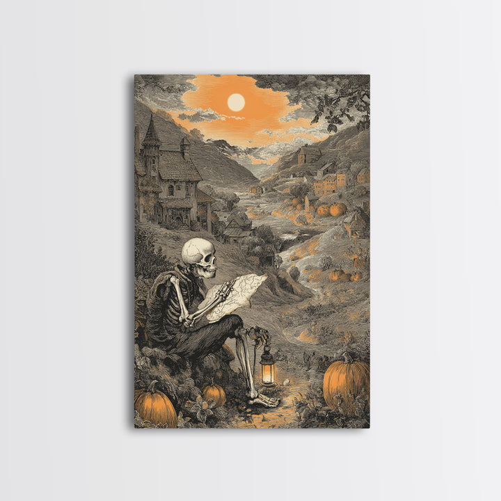 The Skeleton Cartographer - Environmental Panorama, Gothic Home Decor, Vertical Wall Art, Canvas Print, Halloween Home Decor