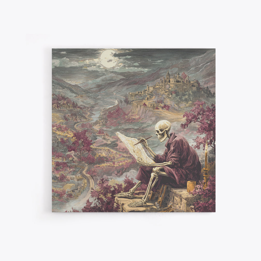 The Skeleton Cartographer - Environmental Panorama, Halloween Wall Art, Square Wall Art, Framed Canvas Print, Halloween Home Decor