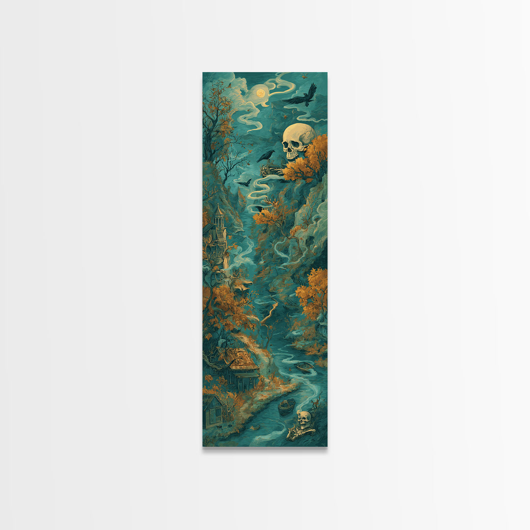 The Skeleton Cartographer - Environmental Panorama, Dark Fantasy Wall Art, Tall Narrow Wall Art, Canvas Print, Halloween Home Decor