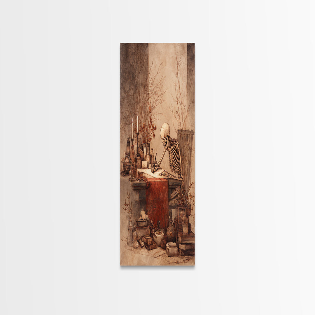 The Skeleton Cartographer - Occult Still Life, Macabre Halloween Art, Vertical Wall Art, Framed Canvas Print, Halloween Home Decor