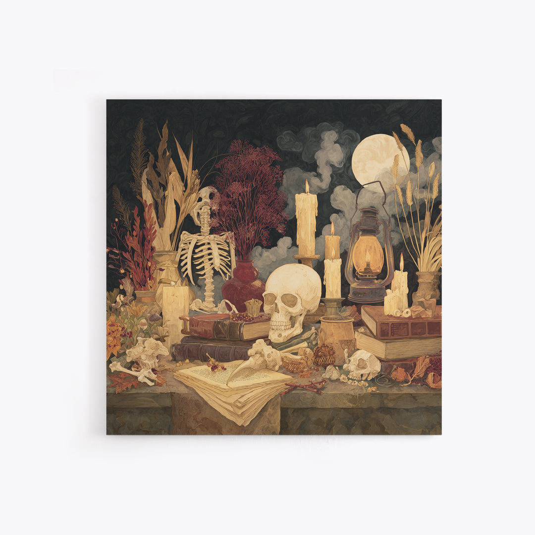 The Skeleton Cartographer - Occult Still Life, Macabre Halloween Art, Square Wall Art, Framed Canvas Print, Halloween Home Decor