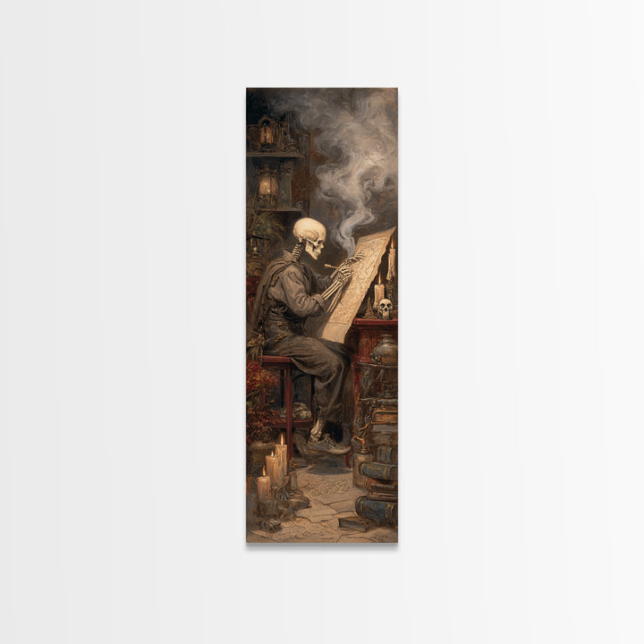 The Skeleton Cartographer - Occult Still Life, Halloween Wall Art, Tall Narrow Wall Art, Framed Canvas Print, Halloween Home Decor