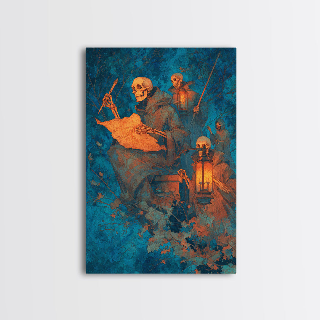 The Skeleton Cartographer - Procession Scene, Dark Fantasy Wall Art, Vertical Wall Art, Canvas Print, Halloween Home Decor, Gothic Wall Art