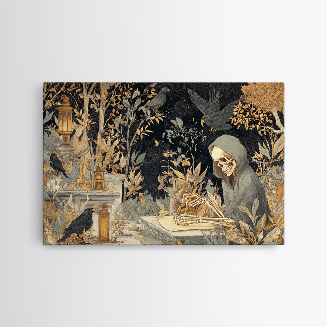 The Skeleton Cartographer - Procession Scene, Halloween Wall Art, Landscape Wall Art, Framed Canvas Print, Halloween Home Decor