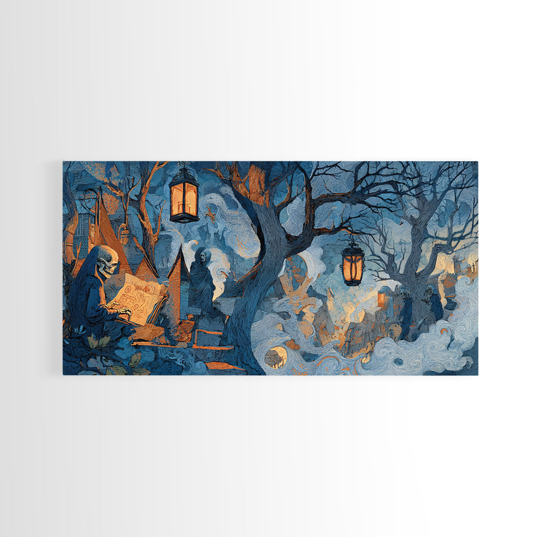 The Skeleton Cartographer - Procession Scene, Macabre Halloween Art, Wide Panoramic Art, Framed Canvas Print, Halloween Home Decor