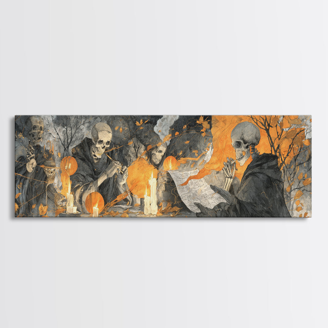 The Skeleton Cartographer - Procession Scene, Gothic Home Decor, Extra Wide Wall Art, Canvas Print, Halloween Home Decor, Gothic Wall Art