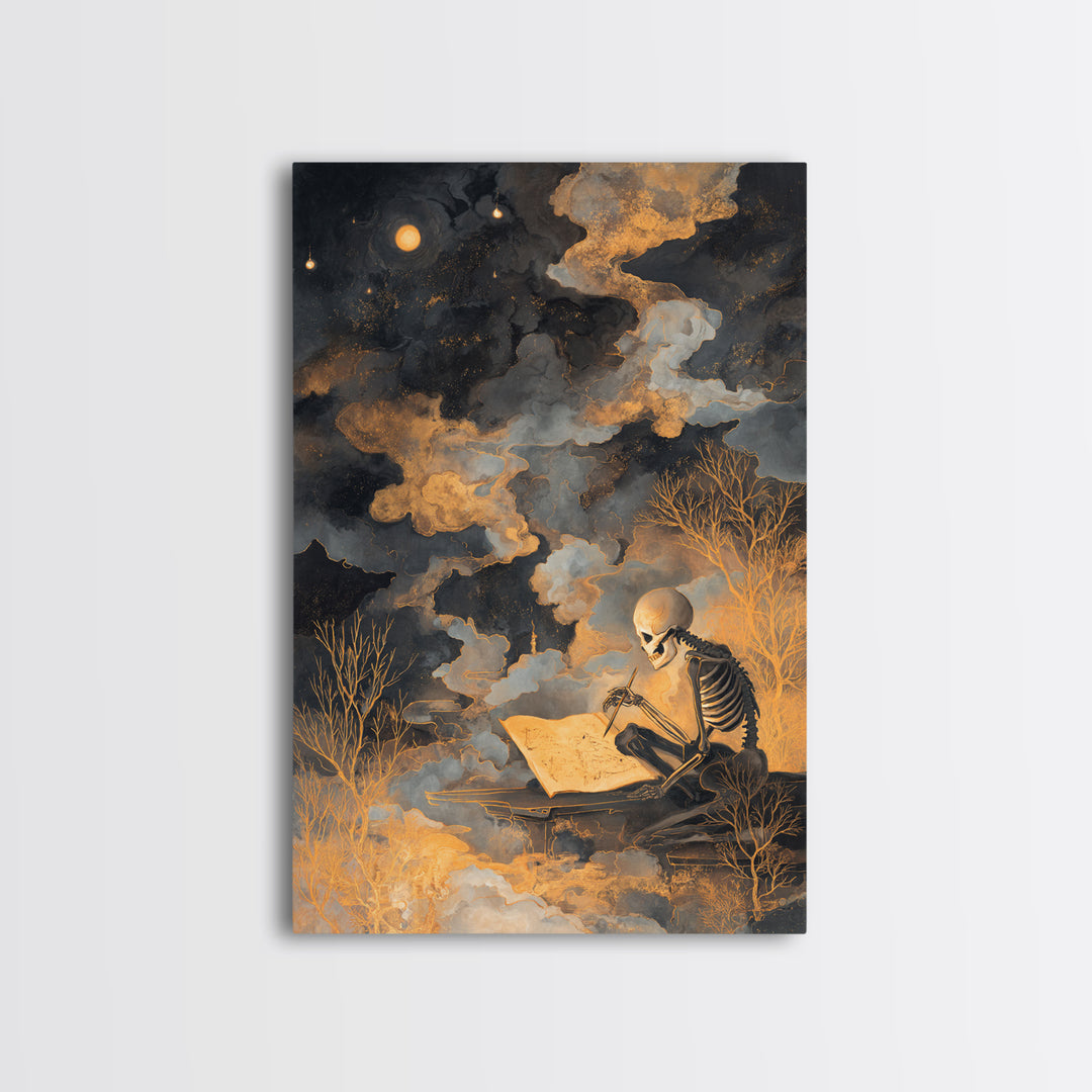 The Skeleton Cartographer - Surreal Celestial Vision, Gothic Home Decor, Vertical Wall Art, Canvas Print, Halloween Home Decor