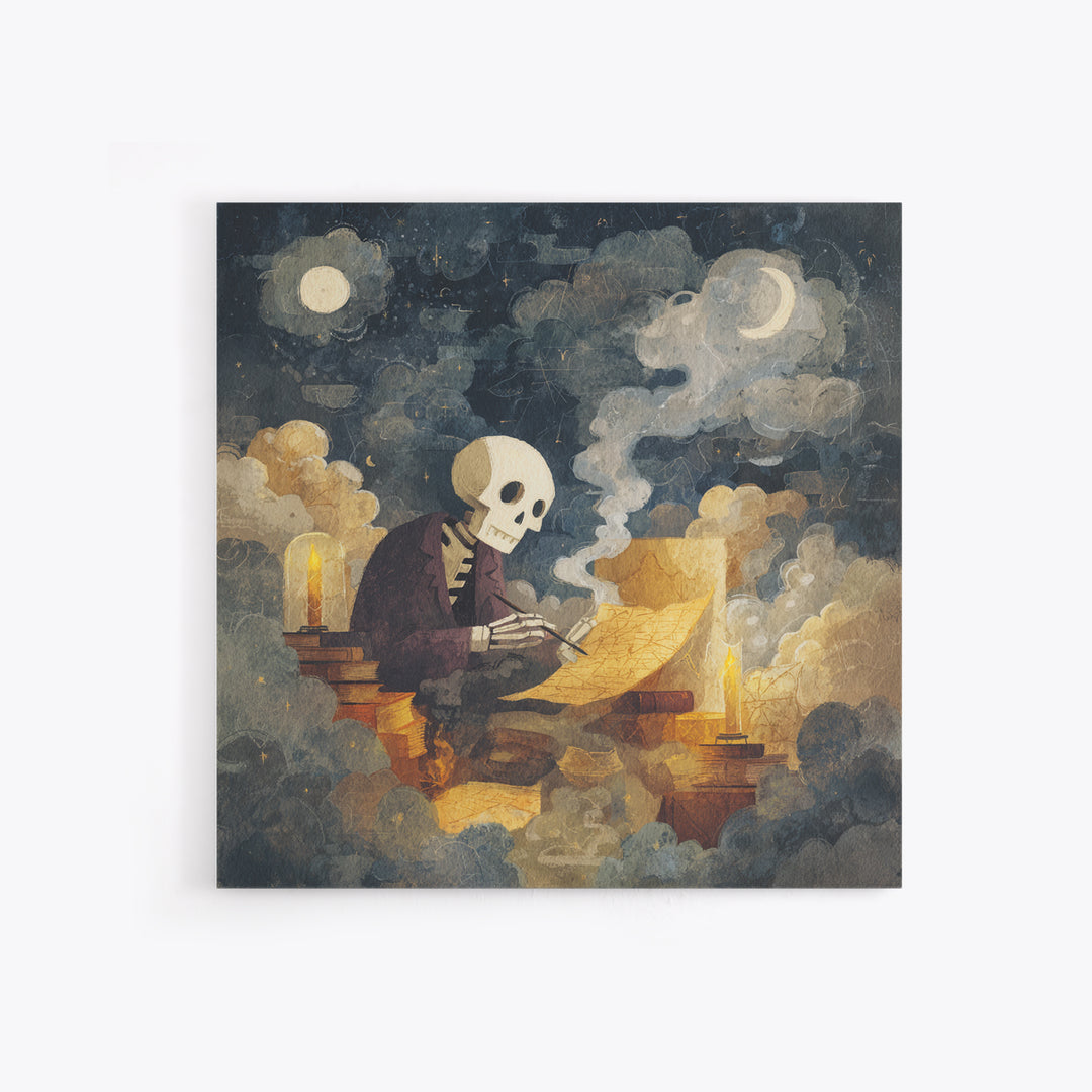 The Skeleton Cartographer - Surreal Celestial Vision, Macabre Halloween Art, Square Wall Art, Framed Canvas Print, Halloween Home Decor