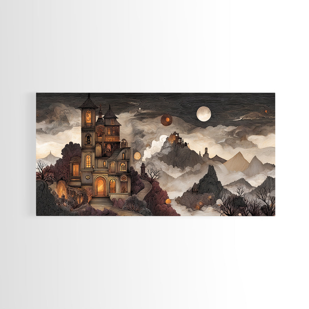 The Witch Astronomical Cabinet - Environmental Panorama, Halloween Wall Art, Wide Panoramic Art, Framed Canvas Print, Halloween Home Decor