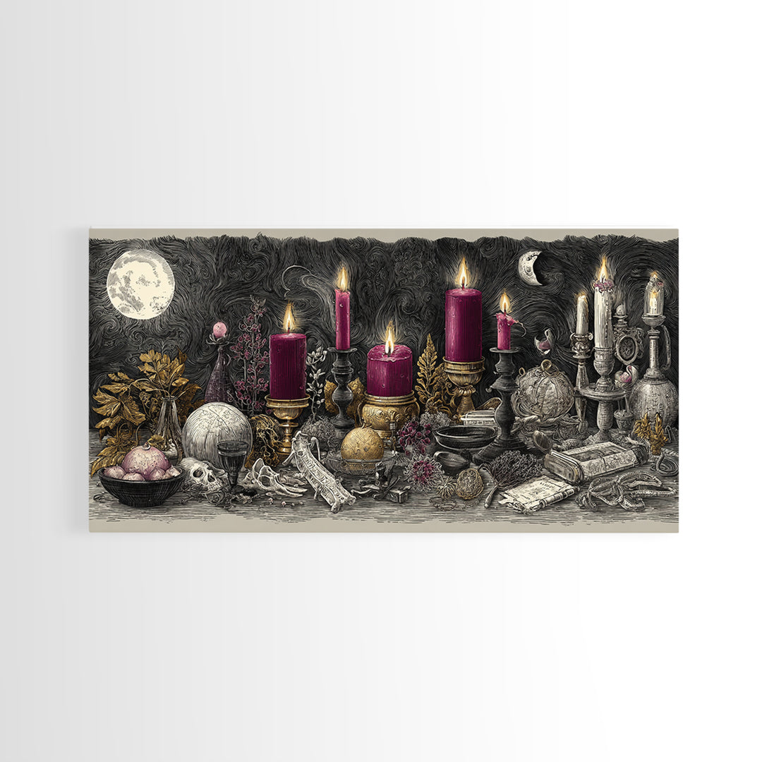 The Witch Astronomical Cabinet - Occult Still Life, Macabre Halloween Art, Wide Panoramic Art, Framed Canvas Print, Halloween Home Decor