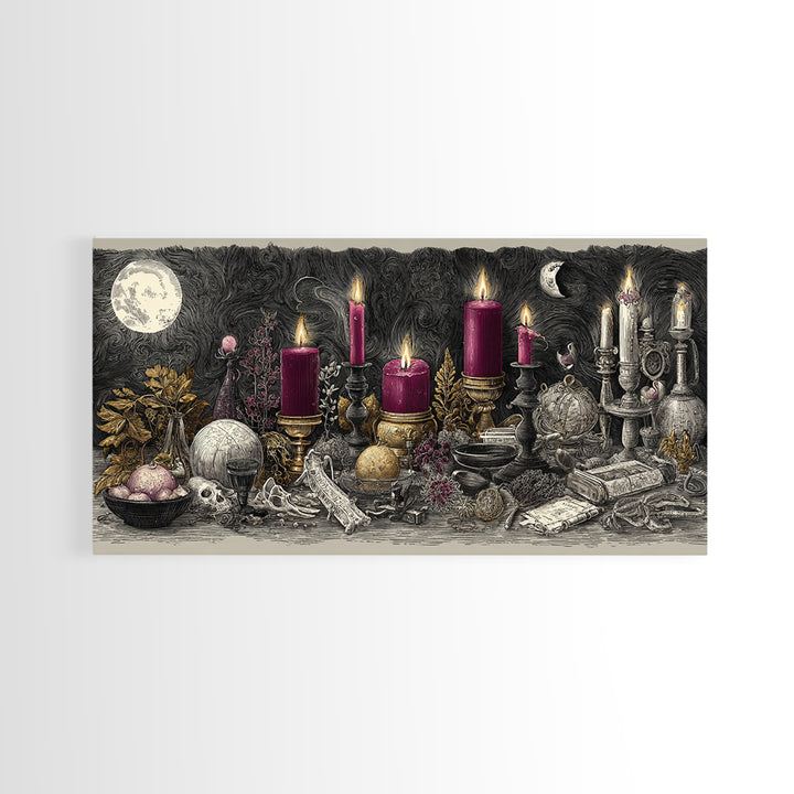 The Witch Astronomical Cabinet - Occult Still Life, Macabre Halloween Art, Wide Panoramic Art, Framed Canvas Print, Halloween Home Decor