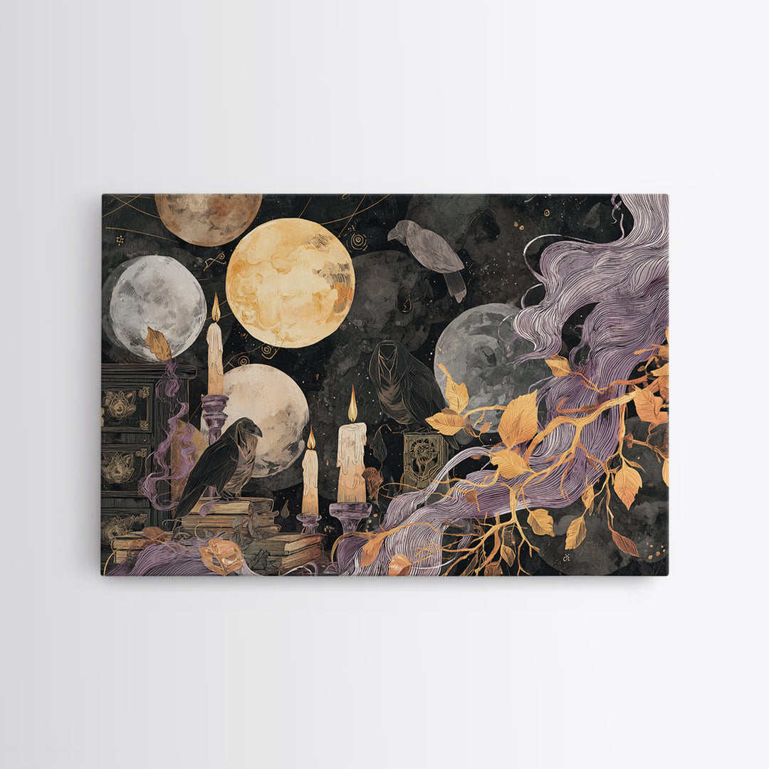 The Witch Astronomical Cabinet - Procession Scene, Spooky Wall Decor, Landscape Wall Art, Framed Canvas Print, Halloween Home Decor
