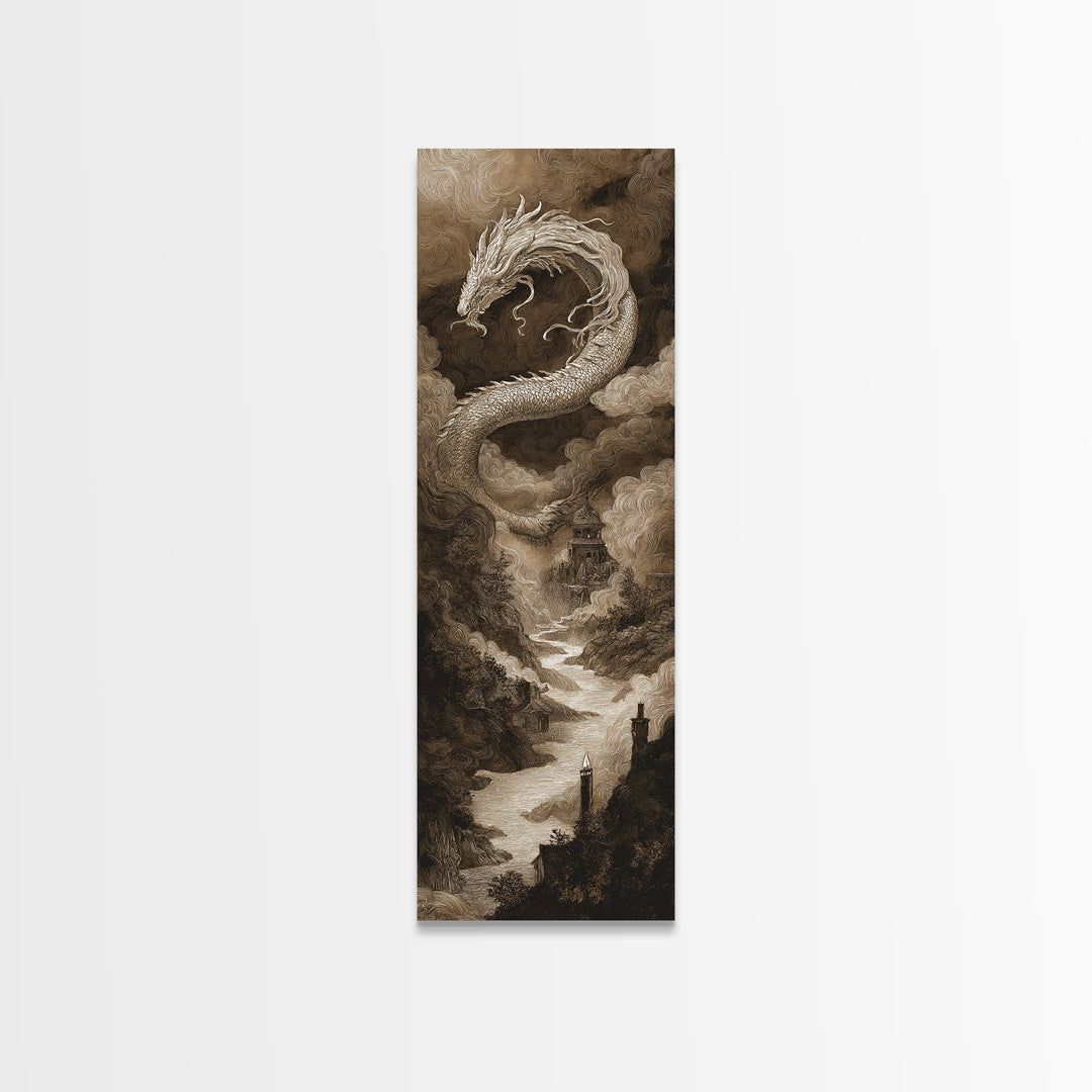 The Candle Smoke Dragon - Environmental Panorama, Macabre Halloween Art, Tall Narrow Wall Art, Framed Canvas Print, Halloween Home Decor