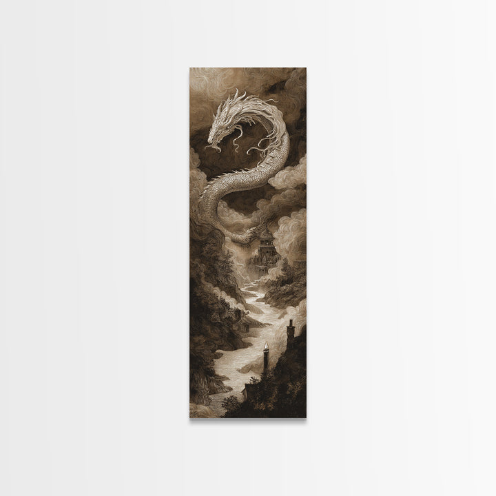 The Candle Smoke Dragon - Environmental Panorama, Macabre Halloween Art, Tall Narrow Wall Art, Framed Canvas Print, Halloween Home Decor