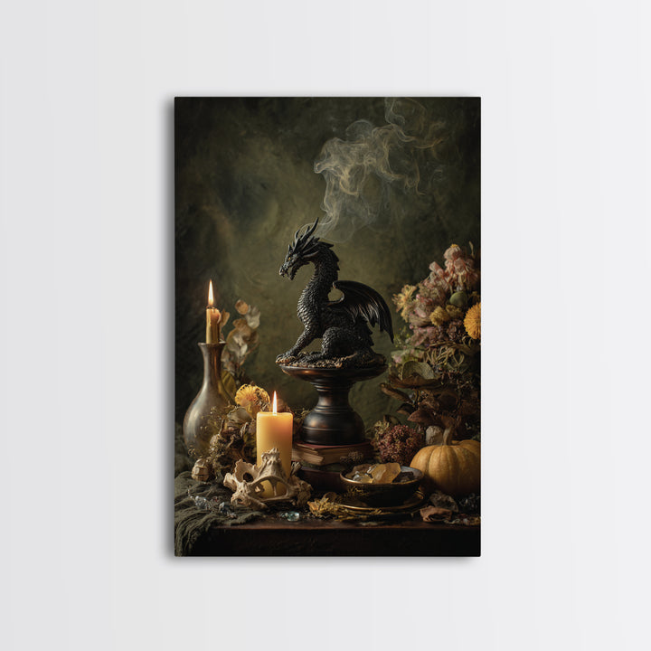 The Candle Smoke Dragon - Occult Still Life, Spooky Wall Decor, Vertical Wall Art, Framed Canvas Print, Halloween Home Decor