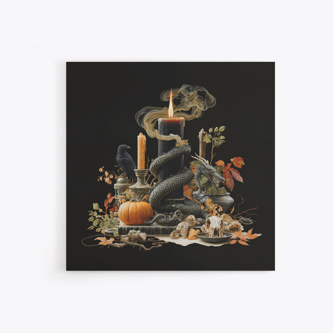 The Candle Smoke Dragon - Occult Still Life, Spooky Wall Decor, Square Wall Art, Framed Canvas Print, Halloween Home Decor, Gothic Wall Art