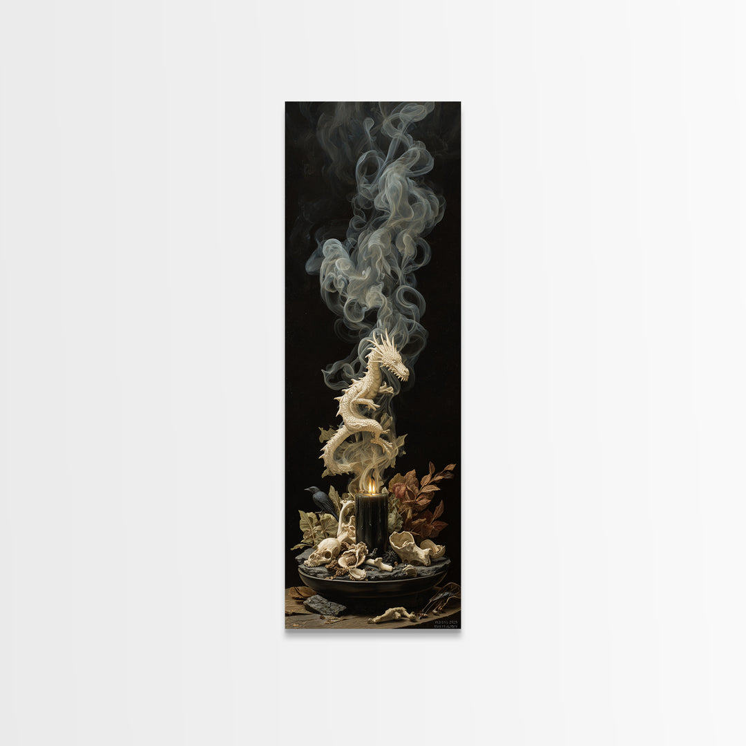 The Candle Smoke Dragon - Occult Still Life, Dark Fantasy Wall Art, Tall Narrow Wall Art, Canvas Print, Halloween Home Decor