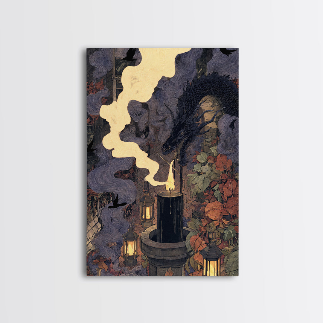 The Candle Smoke Dragon - Procession Scene, Occult Wall Decor, Vertical Wall Art, Canvas Print, Halloween Home Decor, Gothic Wall Art