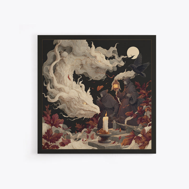 The Candle Smoke Dragon - Procession Scene, Spooky Wall Decor, Square Wall Art, Framed Canvas Print, Halloween Home Decor, Gothic Wall Art