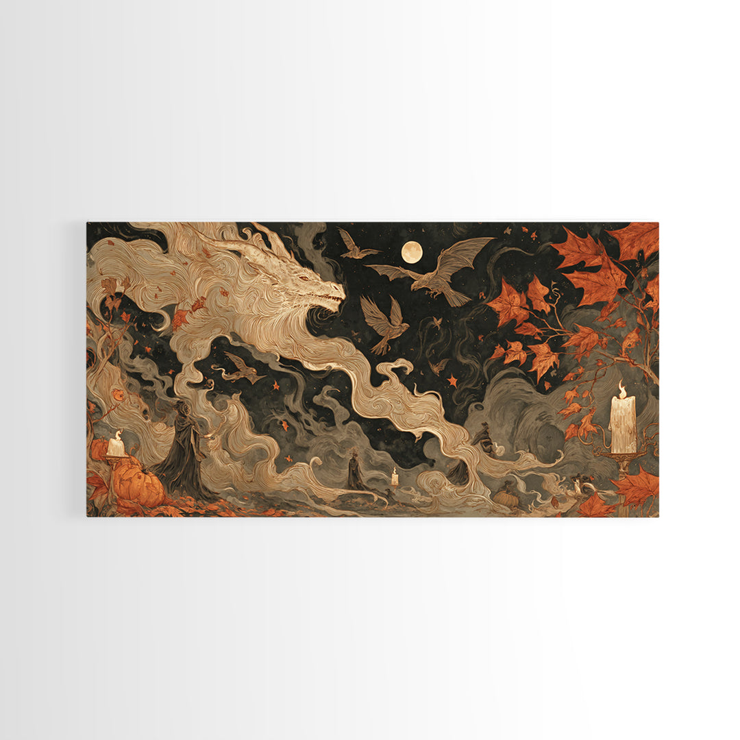 The Candle Smoke Dragon - Procession Scene, Dark Fantasy Wall Art, Wide Panoramic Art, Canvas Print, Halloween Home Decor, Gothic Wall Art