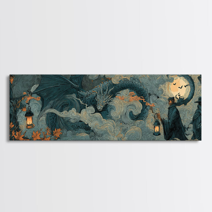 The Candle Smoke Dragon - Procession Scene, Halloween Wall Art, Extra Wide Wall Art, Framed Canvas Print, Halloween Home Decor