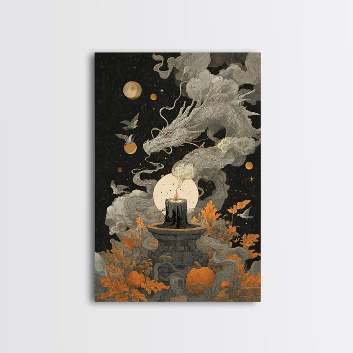 The Candle Smoke Dragon - Surreal Celestial Vision, Dark Fantasy Wall Art, Vertical Wall Art, Canvas Print, Halloween Home Decor