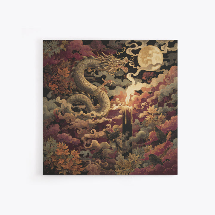 The Candle Smoke Dragon - Surreal Celestial Vision, Macabre Halloween Art, Square Wall Art, Framed Canvas Print, Halloween Home Decor