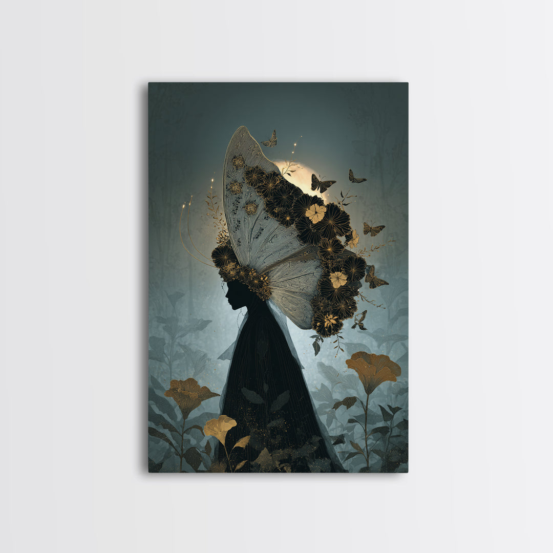 The Mourning Moth Halo - Icon Portrait, Halloween Wall Art, Vertical Wall Art, Framed Canvas Print, Halloween Home Decor, Gothic Wall Art