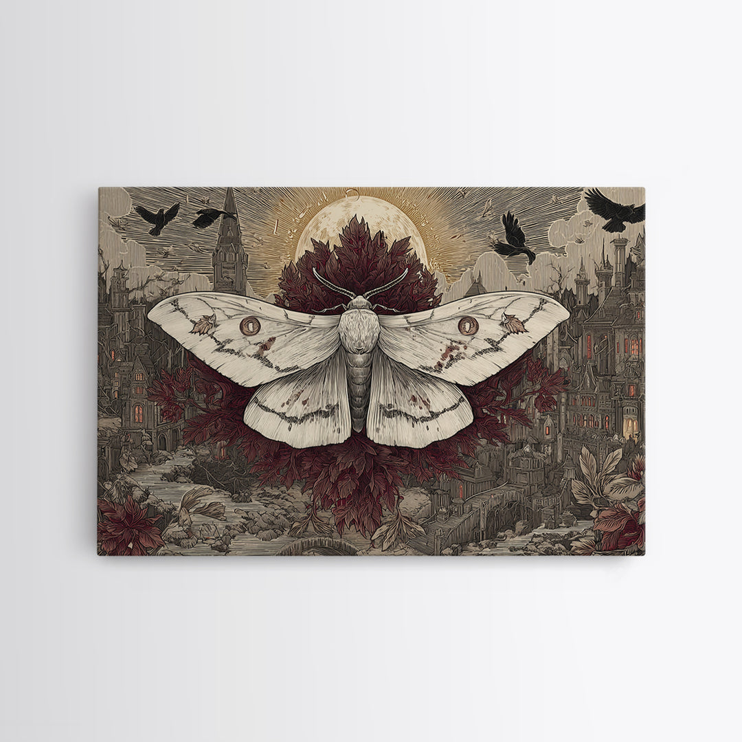 The Mourning Moth Halo - Environmental Panorama, Macabre Halloween Art, Landscape Wall Art, Framed Canvas Print, Halloween Home Decor