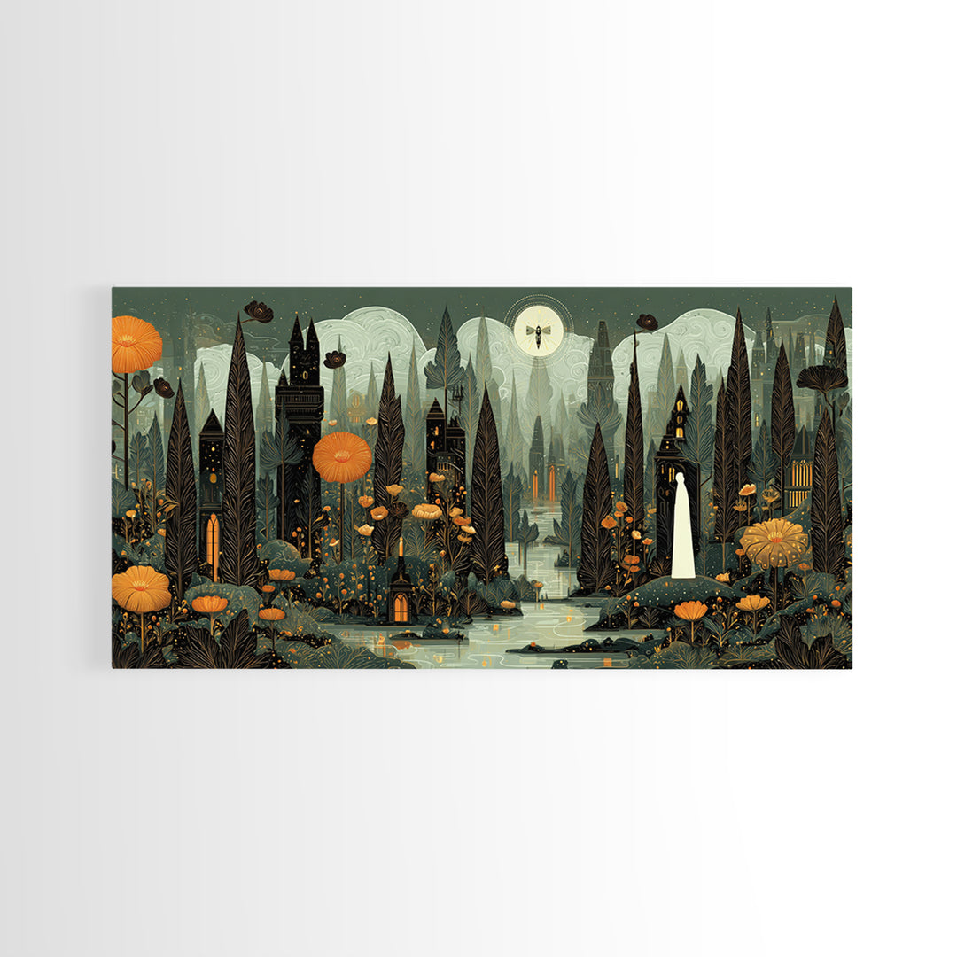 The Mourning Moth Halo - Environmental Panorama, Dark Fantasy Wall Art, Wide Panoramic Art, Canvas Print, Halloween Home Decor