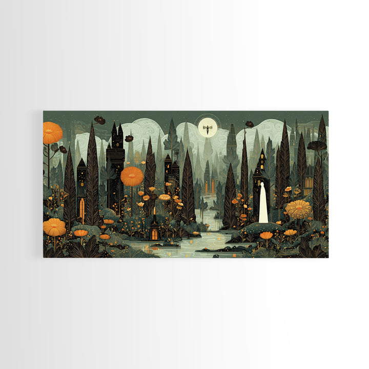 The Mourning Moth Halo - Environmental Panorama, Dark Fantasy Wall Art, Wide Panoramic Art, Canvas Print, Halloween Home Decor