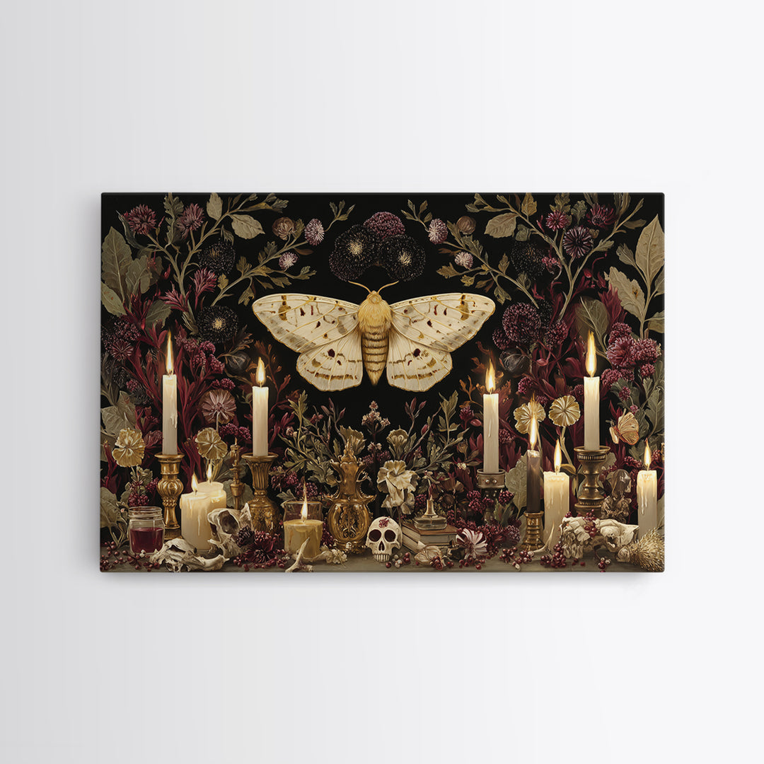The Mourning Moth Halo - Occult Still Life, Macabre Halloween Art, Landscape Wall Art, Framed Canvas Print, Halloween Home Decor