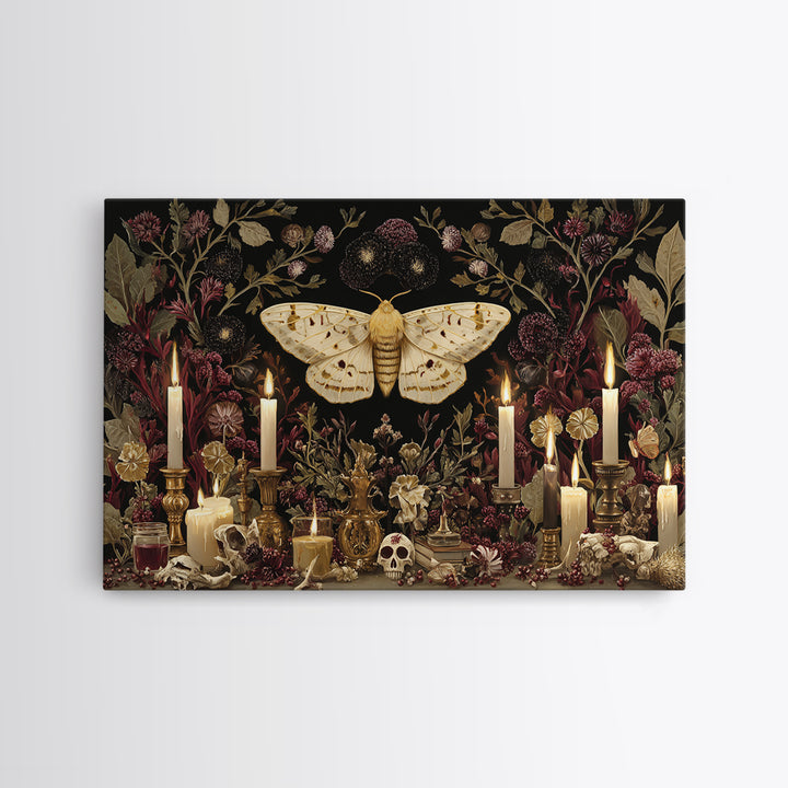 The Mourning Moth Halo - Occult Still Life, Macabre Halloween Art, Landscape Wall Art, Framed Canvas Print, Halloween Home Decor