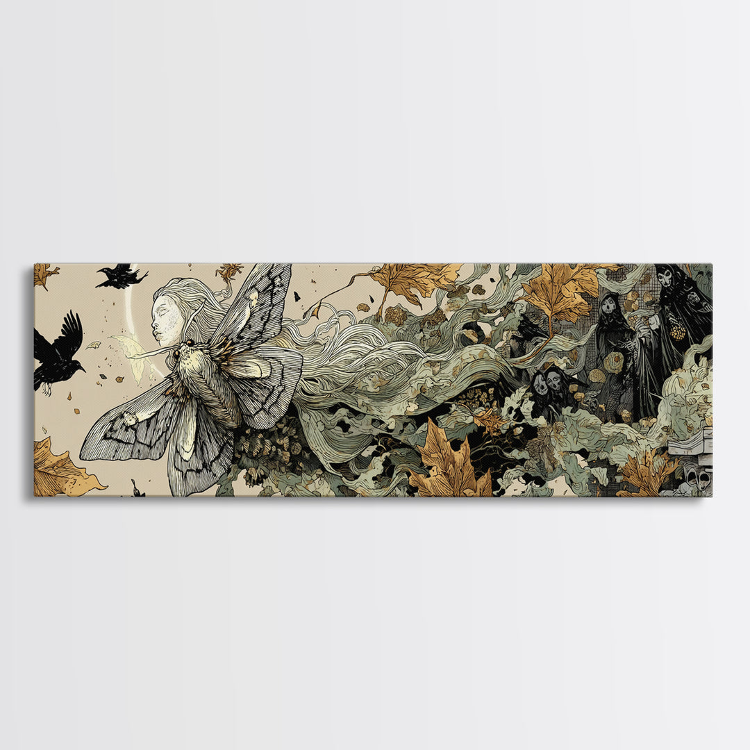 The Mourning Moth Halo - Procession Scene, Gothic Home Decor, Extra Wide Wall Art, Canvas Print, Halloween Home Decor, Gothic Wall Art