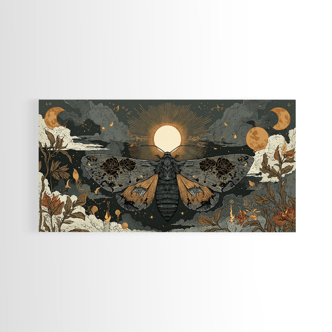 The Mourning Moth Halo - Surreal Celestial Vision, Macabre Halloween Art, Wide Panoramic Art, Framed Canvas Print, Halloween Home Decor