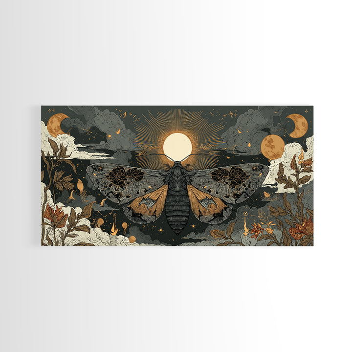 The Mourning Moth Halo - Surreal Celestial Vision, Macabre Halloween Art, Wide Panoramic Art, Framed Canvas Print, Halloween Home Decor